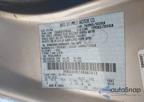 2004 Ford Freestar Limited z USA, uszkodzony, nr VIN 2FMDA58214BA62413